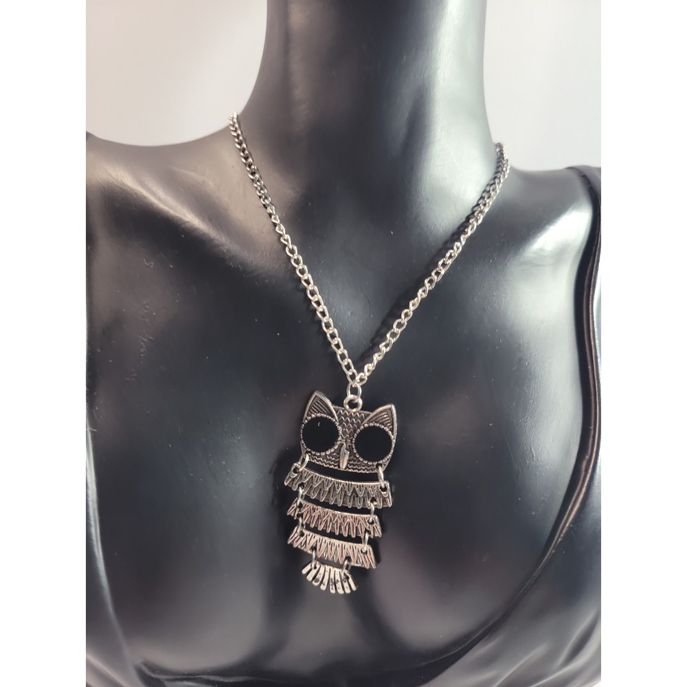 Silver Tone Articulated Owl Pendant Necklace Black Eyes Boho Statement Jewelry - Picture 2 of 9